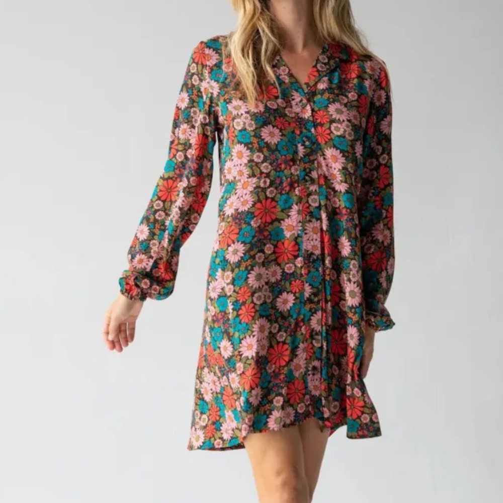 Ansley Woven Tunic Shirt Dress - Coral Turquoise Floral S Natural Life